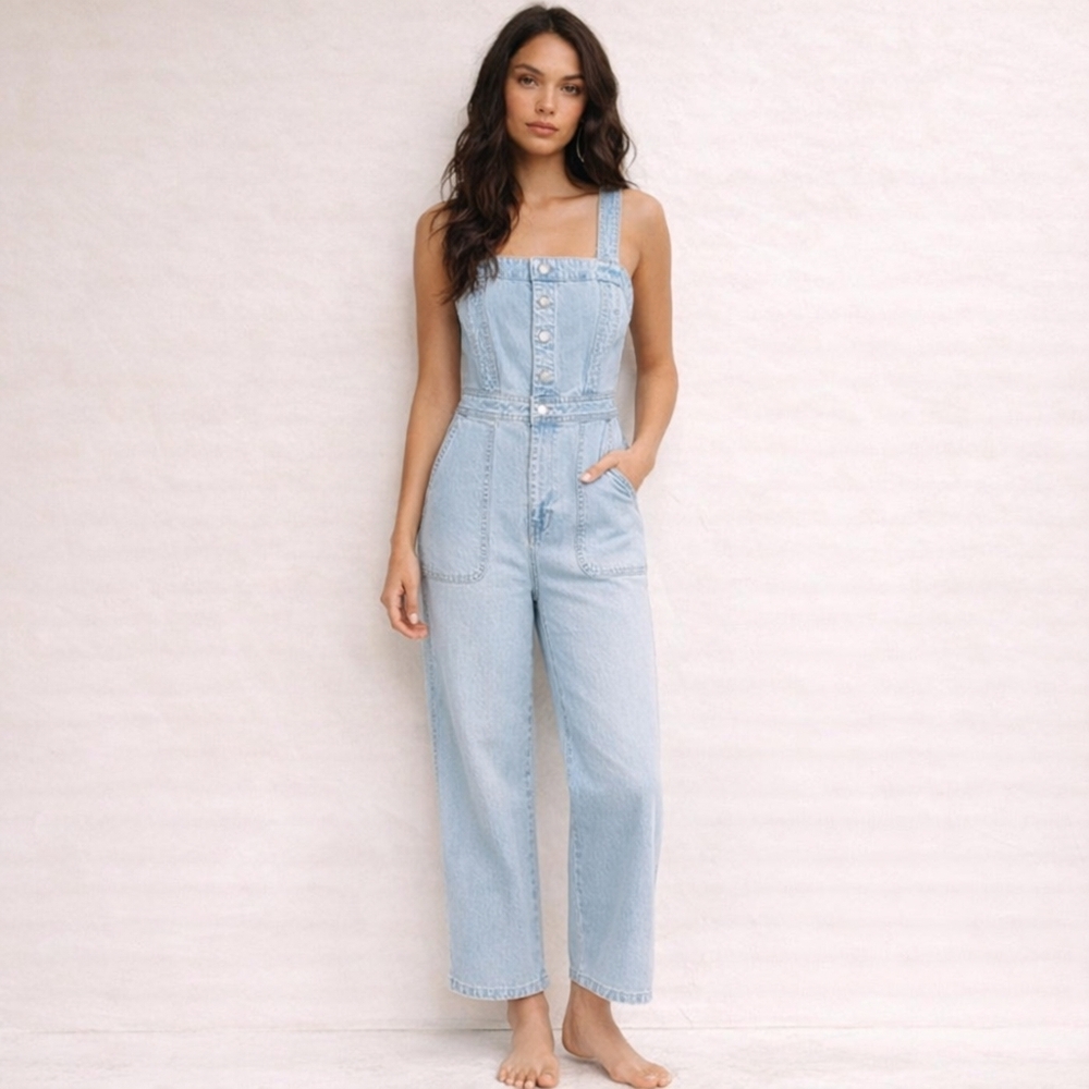 Madewell Denim Jumpsuit Light Wash Wide Leg Button Front Utility Romper J1870 - Picture 3 of 12